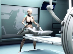 Female android plays with an alien in the sci-fi lab