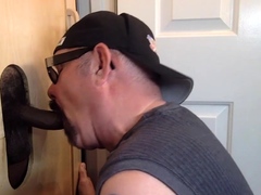 Gray DILF blowing and tugging two gloryhole dicks in trio